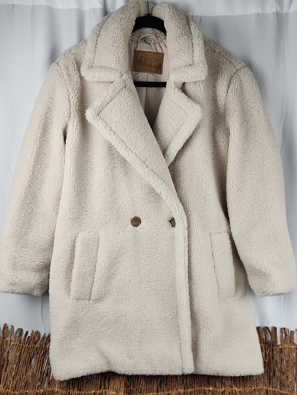 BearPaw Cream Sherpa Double-Breasted Teddy Coat